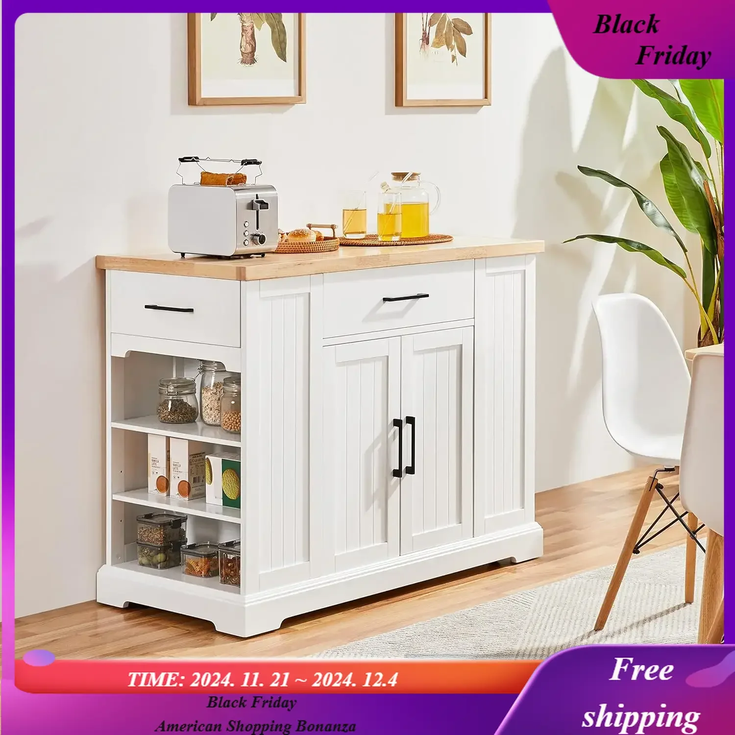 Rolling Kitchen Island Cart with 3 Drawers, Kitchen Storage Cabinet on Wheels with Open Shelves and Inner Adjustable