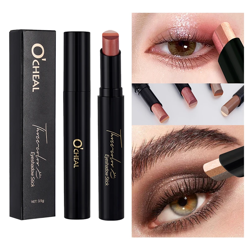 O'CHEAL Three Color Eye Shadow Stick Gradient Delicate Waterproof Long-Lasting Eye  Shadow Pen Beauty Shiny Glitter Eye Shadow