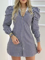 Vestido camisero de manga abullonada con diseño de botones a rayas para mujer, vestido de trabajo informal