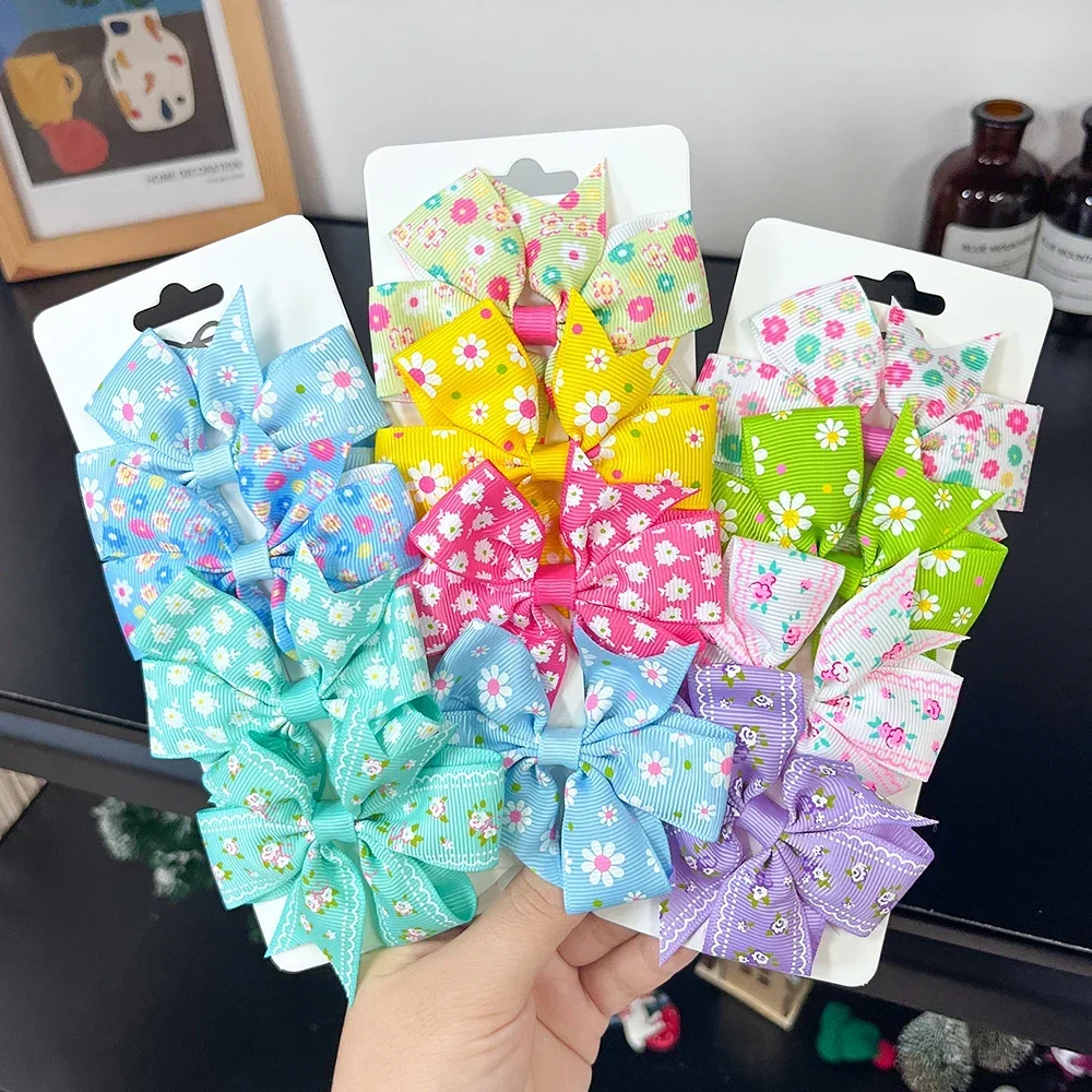 4Pcs/Set Ribbon Bowknot Hair Bows Hair Clip Print Hairpins Children Barrettes Handmade Bows Gift Kids Baby Hair Accessories Gift