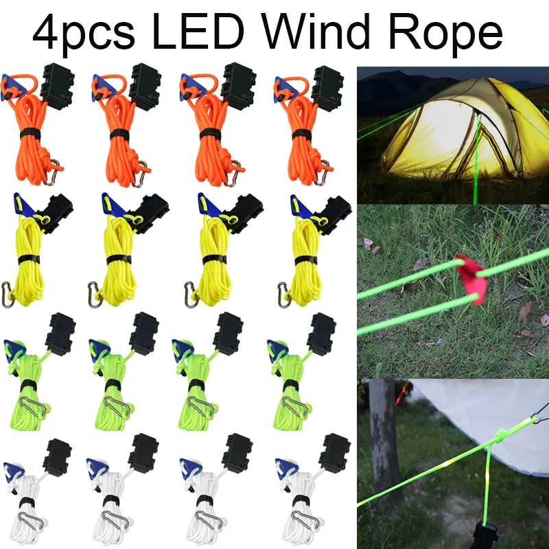 

4pcs Camping Tent Rope Outdoor LED Rope Light Waterproof 6mm Camping Awning Wind Rope Tightening Straps Tool Tent Accessory