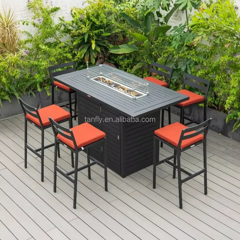 Modern Aluminum Patio Bar Furniture Set Outdoor Dining Table and Chairs with Fire Pit for Garden Terrace Backyard Leisure