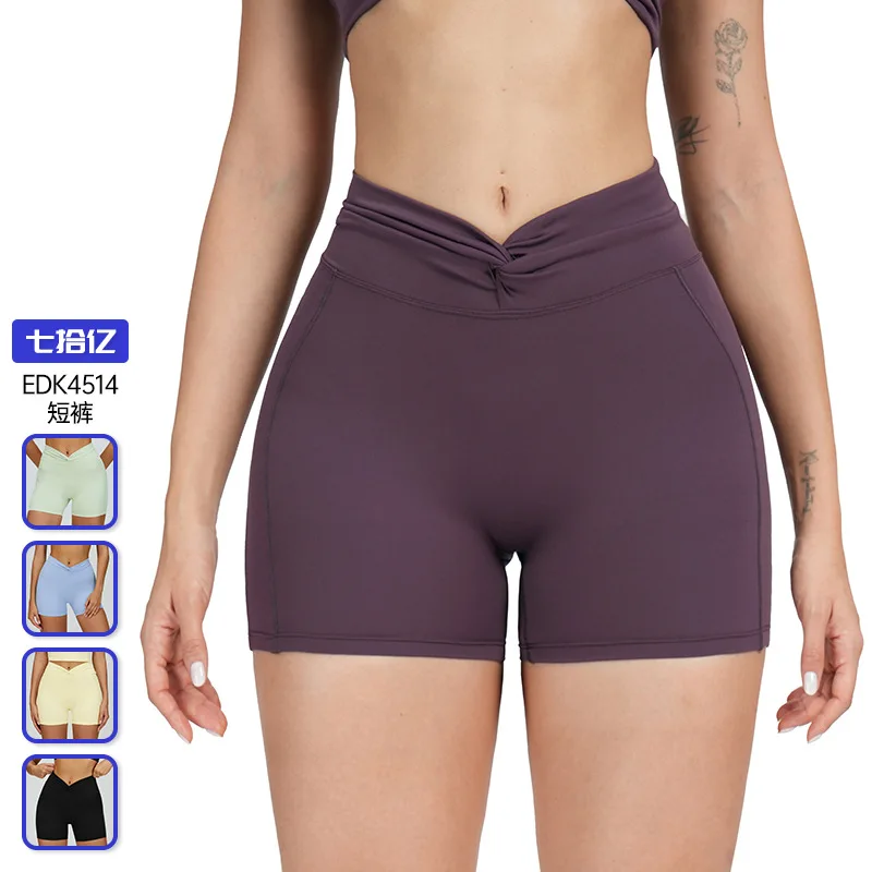 شورت يوجا عاري أسود فاخر 22% من ألياف لدنة، شورت عالي الخصر بطيات متقاطعة، شورت رياضي خارجي، شورت للجري واللياقة البدنية 4514 #1