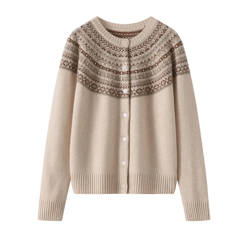 Autumn and winter new jacquard 100% cashmere sweater women's round neck loose thickened knitted cardigan coat sweater women