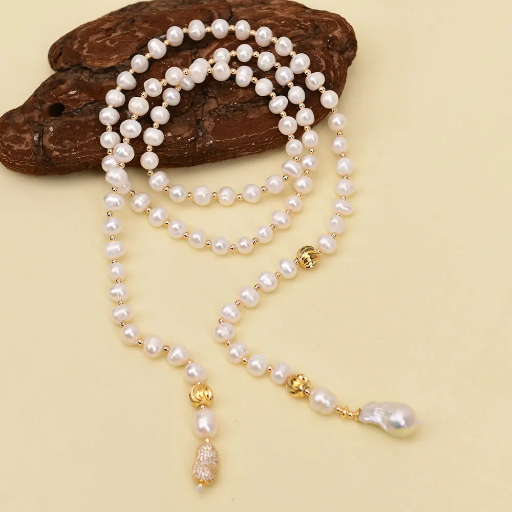 

GG 40'' Natural White Potato Round Pearl Rosary Chain Long Necklace Baroque Pearl Gold Plated CZ Beads Pendant
