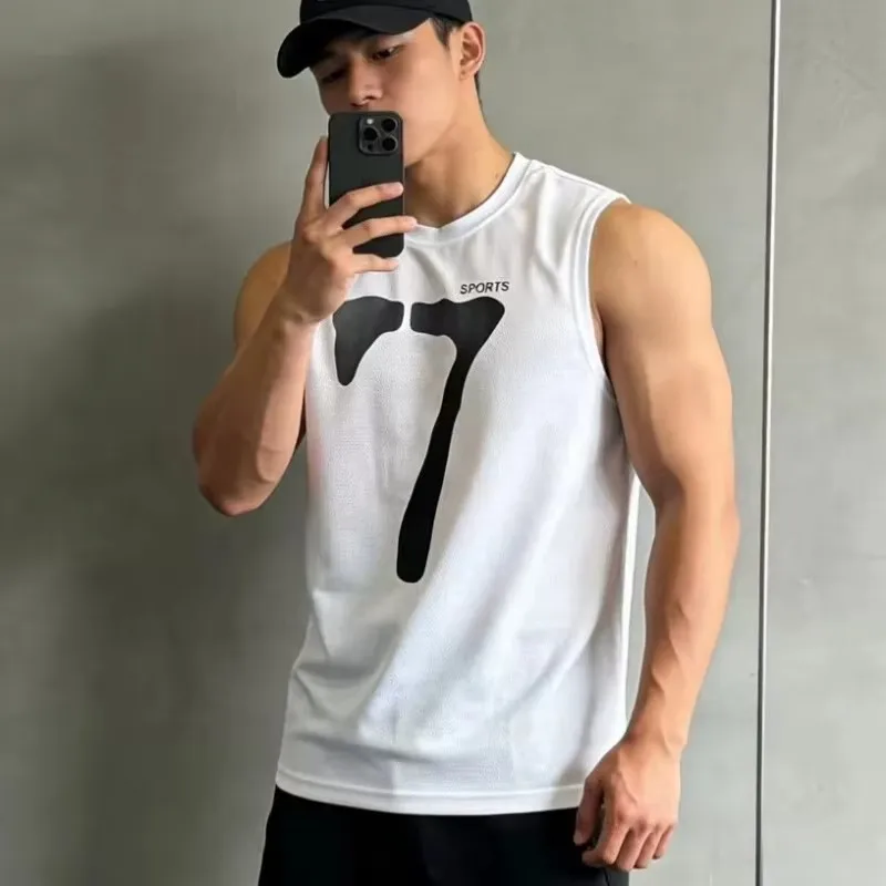 NEW Men Mesh Wide Shoulder Quick Dry Tank Top Printed Sleeveless T-Shirt Breathable Training Running Vest Sports Fitness Singlet
