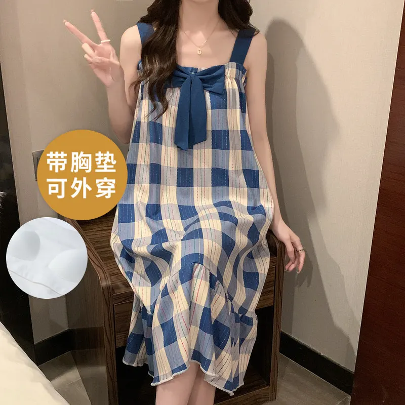 

Plaid Simple Summer Women's sleepwear nightdress can be worn outside with built-in bra camisole loungewear sleep dress Mujer