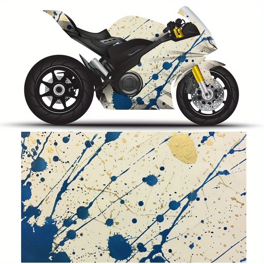 

Bold Blue Gold Splash Pattern Motorcycle Vinyl Wrap, Waterproof Removable Decal Sticker, Universal Fit for Motorbikes, Durable A