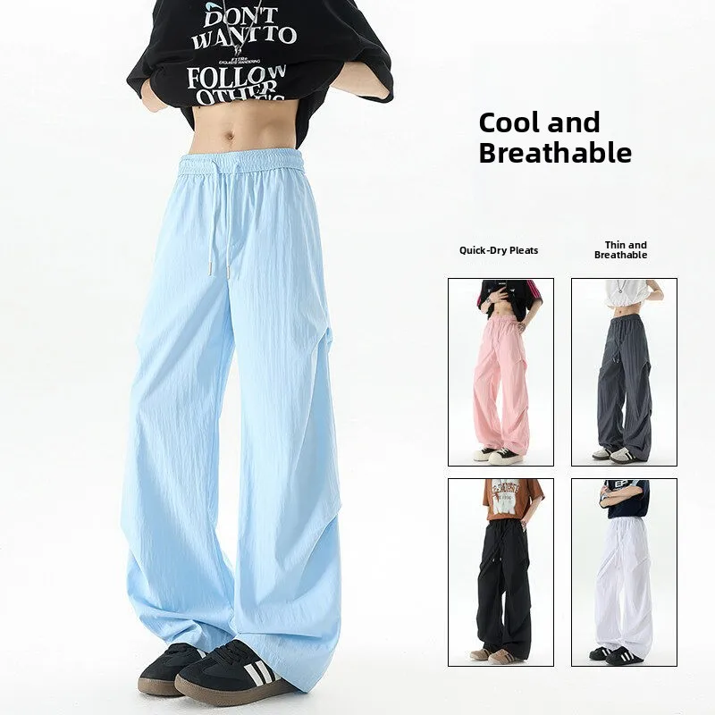

Dopne Ice Silk Pleated Summer Thin Drop Waist Pants Loose Wide Leg Casual Trousers for Men Qui Dry Workwear Trousers