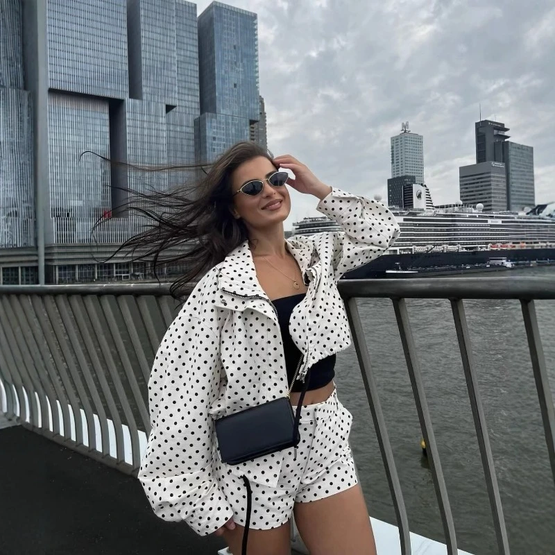 Women Polka Dot 2 Piece Outfits Stand Collar Drawstring Cropped Jacket Casual Shorts Set