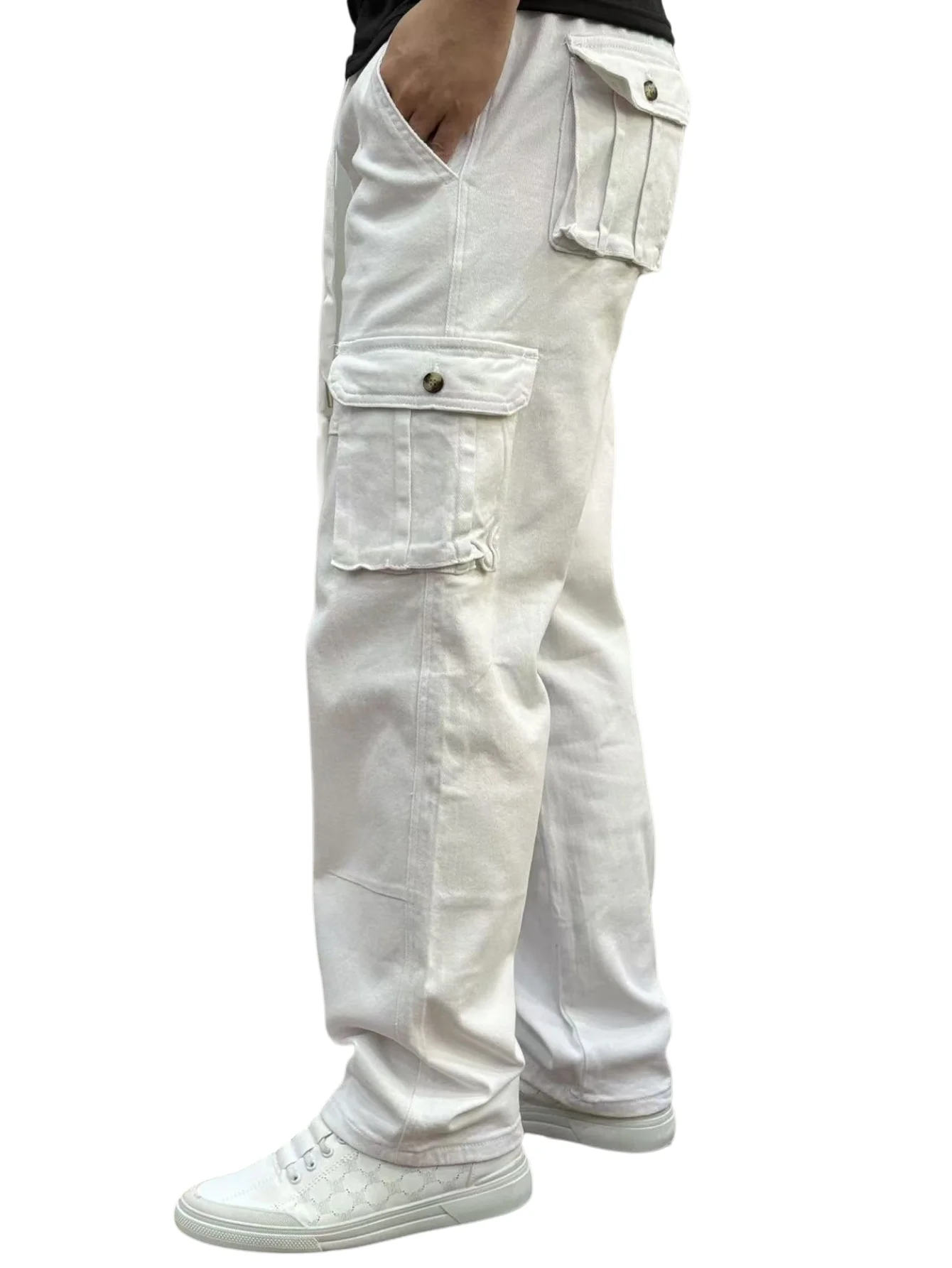 بنطال جينز رجالي من KING JEANS مع حزام خصر مطاطي أساسي أنيق للأعمال كلاسيكي أبيض مستقيم الساق