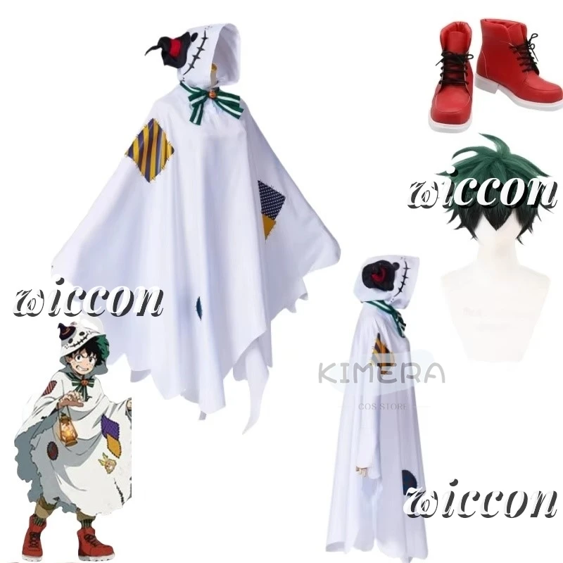 My Anime Hero Academia Midoriya Boku no Izuku Cosplay Costume  Halloween Ghost Hooded Cloak Shoes Wig Set