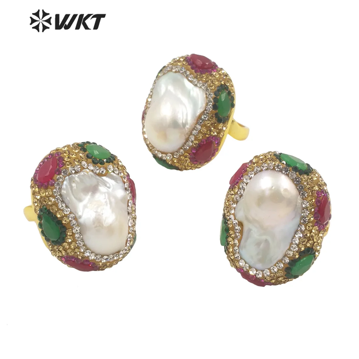 WT-MPR034  WKT 2022 Exquisite Retro Style Natural Baroque Pearl&CZ Gold Plated Finger Ring Fashion Party Trend High Quality