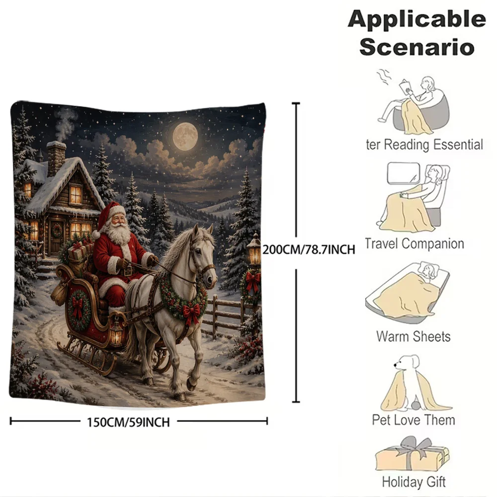 Santa Claus Sleigh Night Scene Christmas Throw Blanket Cozy Winter Holiday Decor Gift for Xmas