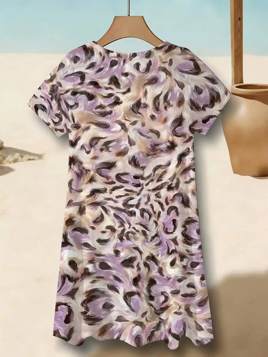 

Womens Casual Purple Brown Leopard Print Short Sleeve Crew Neck Dress For Leisure