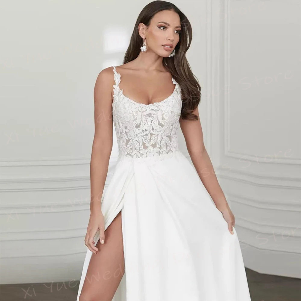 Vestidos de novia clásicos de línea A para mujer, apliques simples, Vestidos de novia de encaje, Sexy, tirantes finos, abertura lateral, Boda