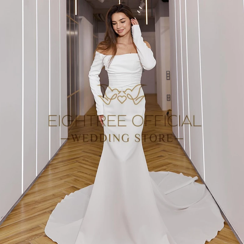 Eightree Formal White Wedding Dresses Off The Shoulder Satin Bridal Dress Long Sleeve Mermaid Princess Wedding Gowns Plus Size