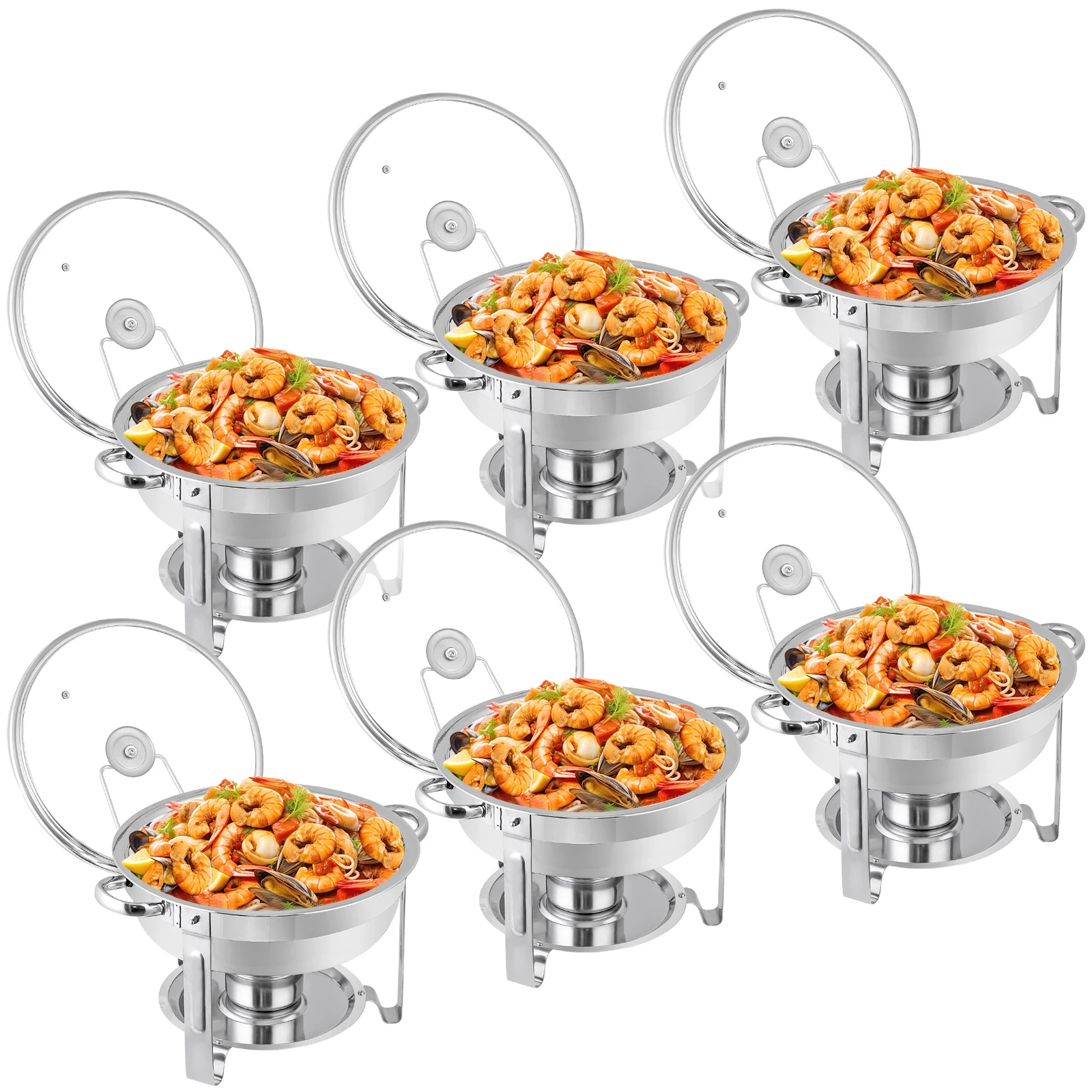 

6Pack Chafing Dish Buffet Set Round 5Qt Chafers Catering Food Warmer w/Glass Lid