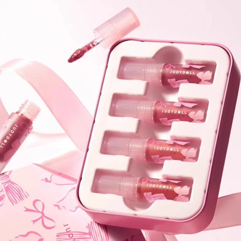 Judydoll Lip Glaze Geschenkbox, Spiegel-Lipgloss, Lippenstift-Make-up-Set, aufpolsternder Effekt und auf Wasserbasis, nicht klebende Textur, 1,5 ml x 4 Stück
