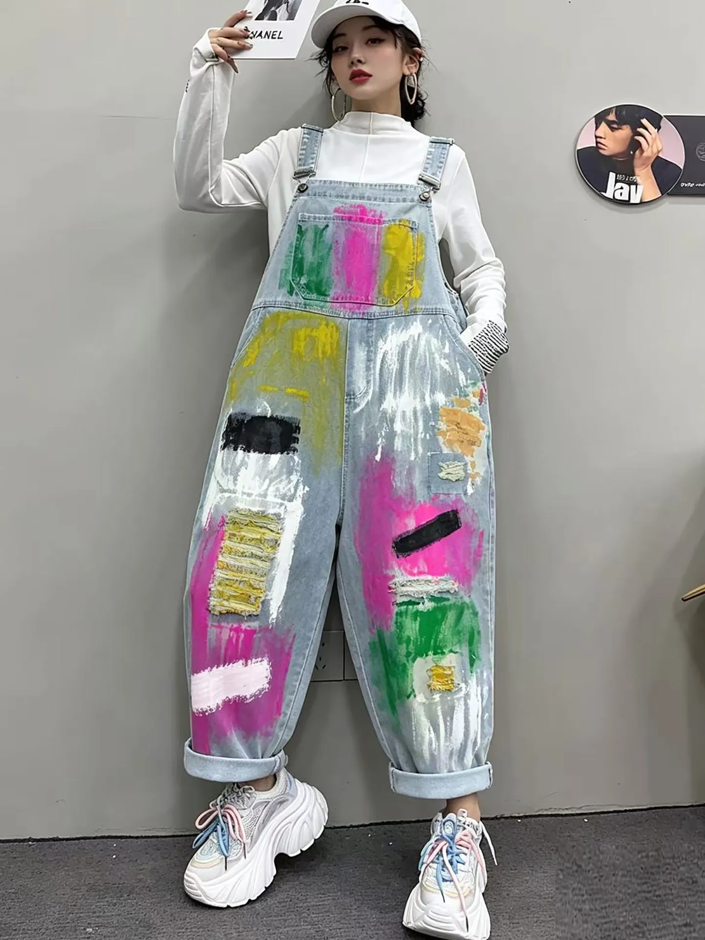 Fashionable Spring Autumn Painted Denim Overalls Ankle-length Wide Leg Jeans Sleeveless Hole Loose Women Casual Denim Jumpsuits