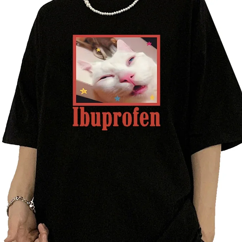 Ibuprofen القط ميمي التي شيرت لطيف القط عاشق القطن تي شيرت عادية مضحك تي شيرت للجنسين المتضخم التي شيرت المحملة مضحك القط الجرافيك المحملة