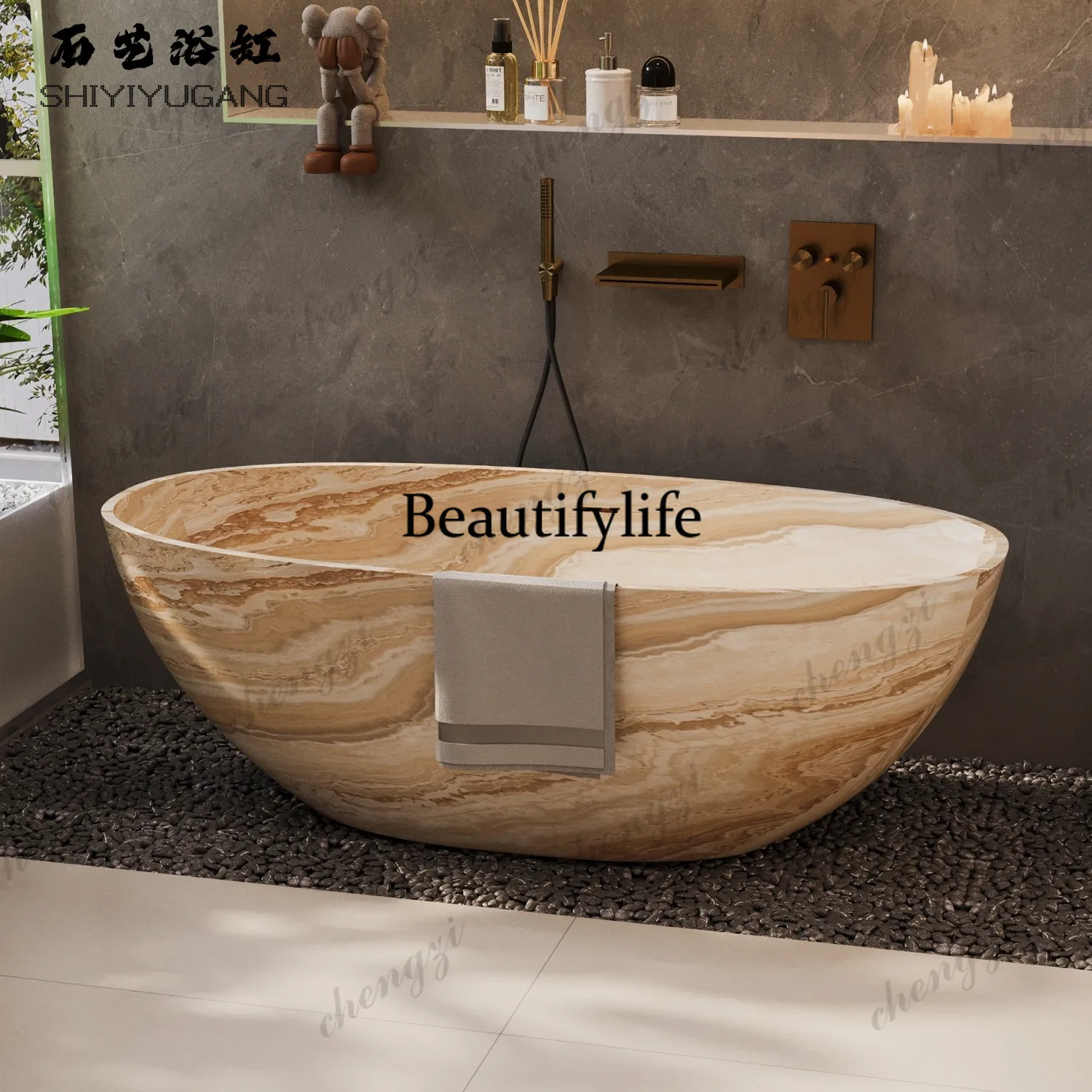 Yellow sand pattern independent artificial stone Qimei stone oval bathtub B & B hotel household double deep soaking bath tub