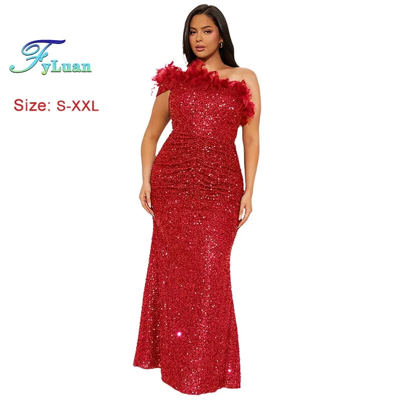 جديد أزياء المرأة فستان طويل بلون الترتر ريشة الربط Bodycon اللباس مثير مساء حفلة موسيقية الملابس يميل فستان بكتف