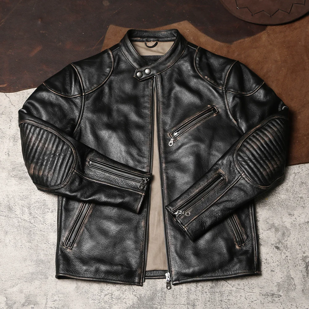 The Second Generation of Venom Retro Rubbing Motorcycle Leather Jacket Men's Stand Collar Slim Leather Jacket Top Layer