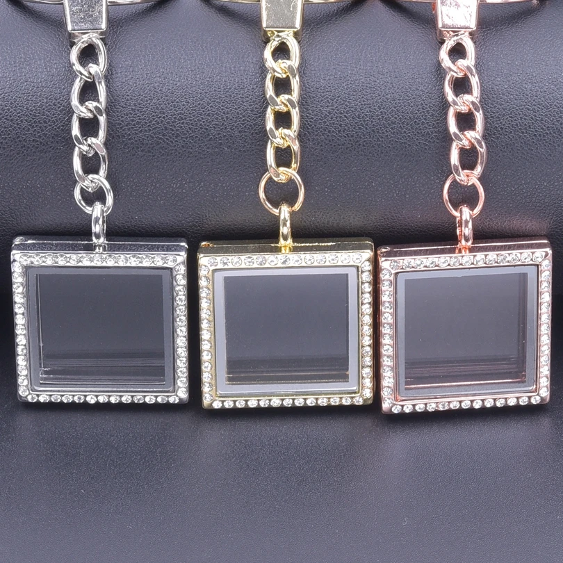 5PCS Square Shape Locket With Rhinestone Keychain Glass Floating Charm Jewelry Making Medallion Photo Keychain for Women Gifts