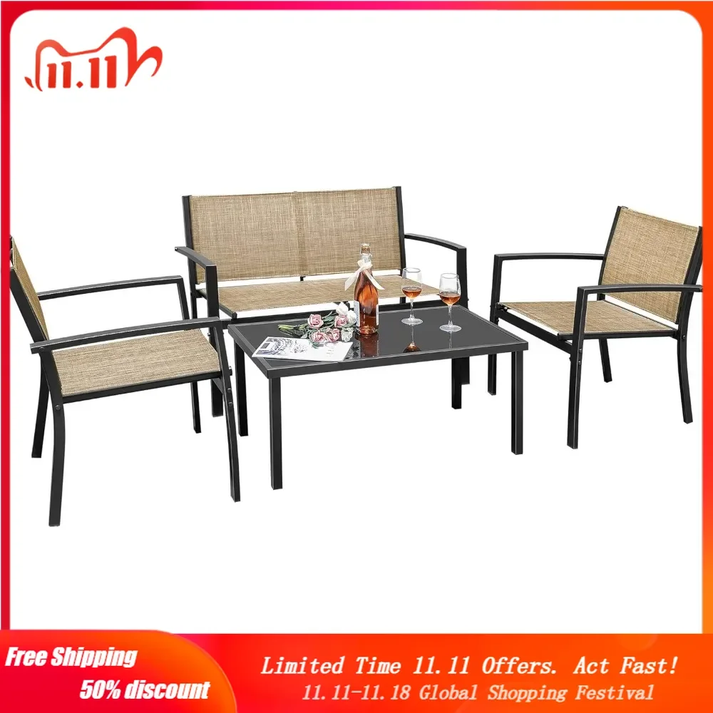 

4 Pieces Patio Furniture Outdoor Furniture Set Textilene Bistro Set Modern Conversation Set Black Bistro