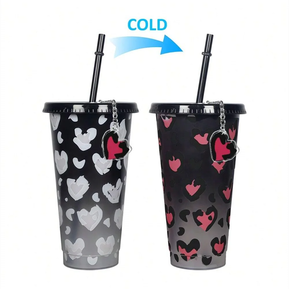 2pcs,Leopard Print Love Color Changing Straw Cups,Valentine's Day Creative Color Changing Tumblers,Black & Pink Coffee Mugs