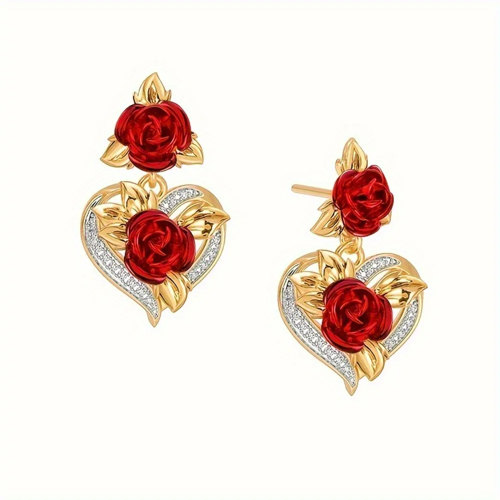 Romantic Valentine's Day Gift - Elegant Heart Rose Flower Dangle Stud Earrings Anniversary Party Gifts Jewelry in A Niche Style