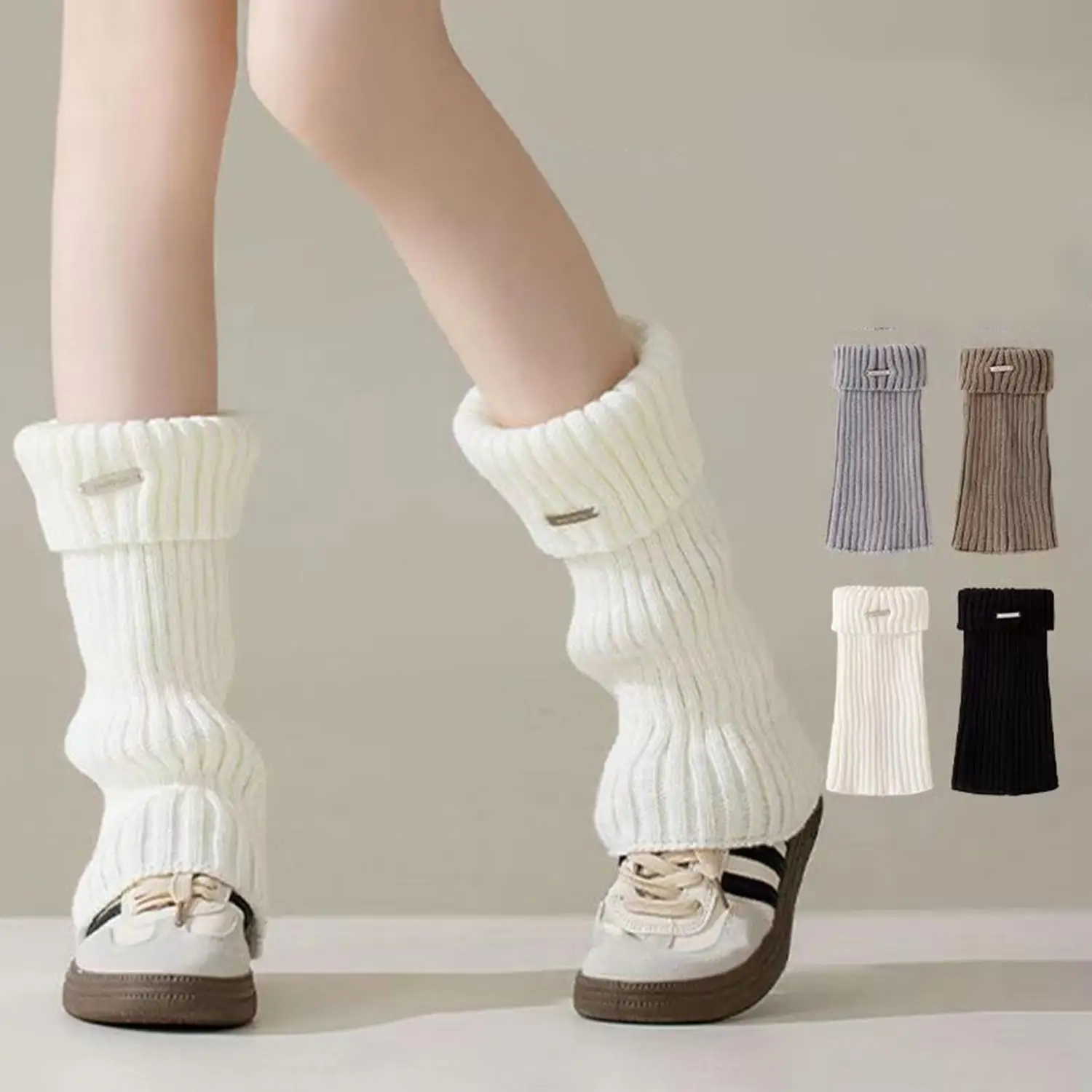 1 Pair Autumn And Winter Leg Warmers Metal Label Socks Female Knitted Warm Foot Cover White Black Y2K Stockings Leg Warmers