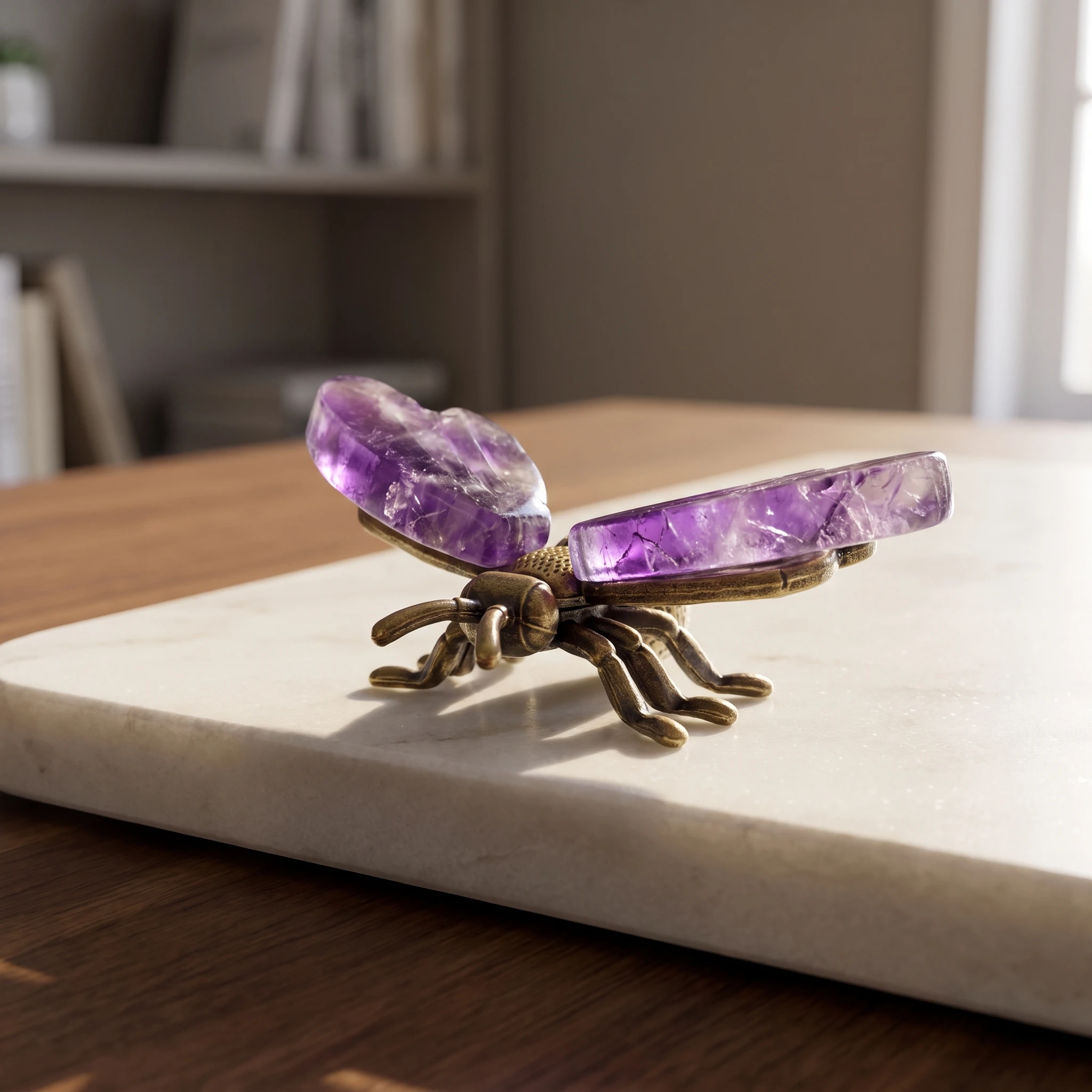 Natural Amethyst Bee Decor Handcrafted Stone and Metal Bee Figurine Vintage Brass Finish Solid Weighted Base Desktop Ornament