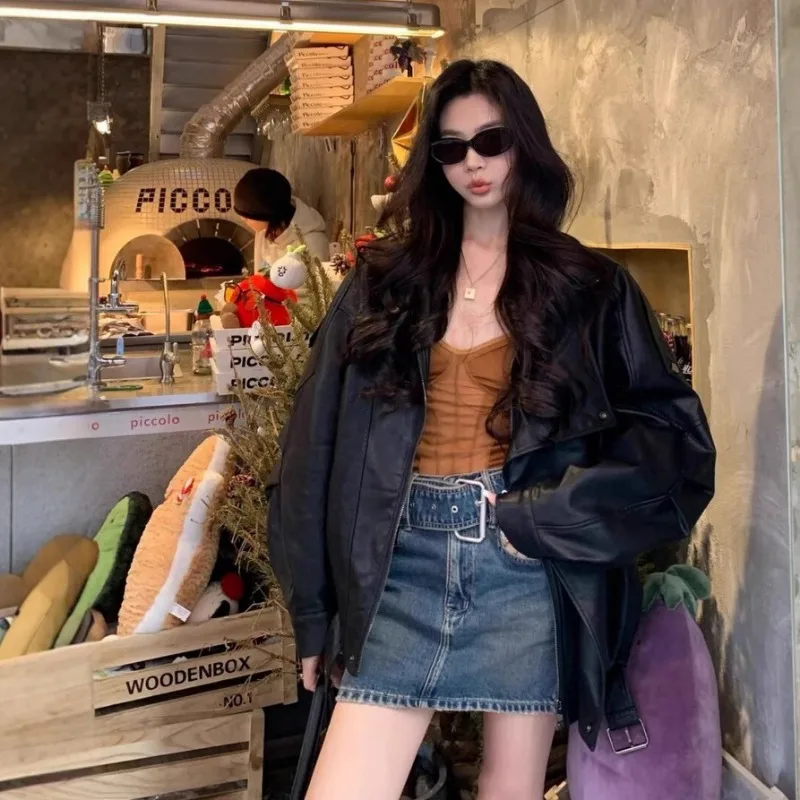 Retro Motorcycle Lapel Pu Leather Women's Jacket Spring Autumn Turn Down Collar Fashion Loose Solid Color New Women Top Coats