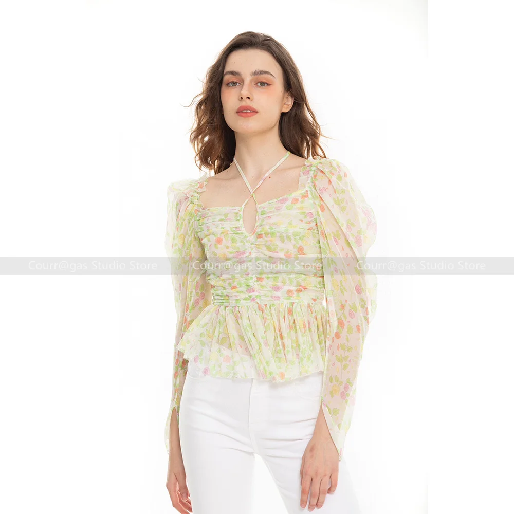 

2024 Spring and summer new niche silk small broken flowers shrink pleated square neck neckline Slim Shirt Top