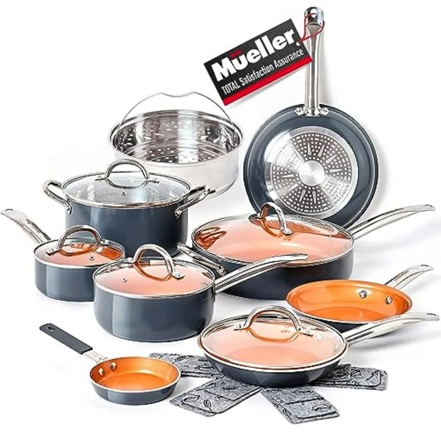 

UltraClad Copper Pots and Pans Set 14Piece Kitchen Cookware Set NonStick Coating Aluminum Body Includes Fry Pans Deep Frying Pa