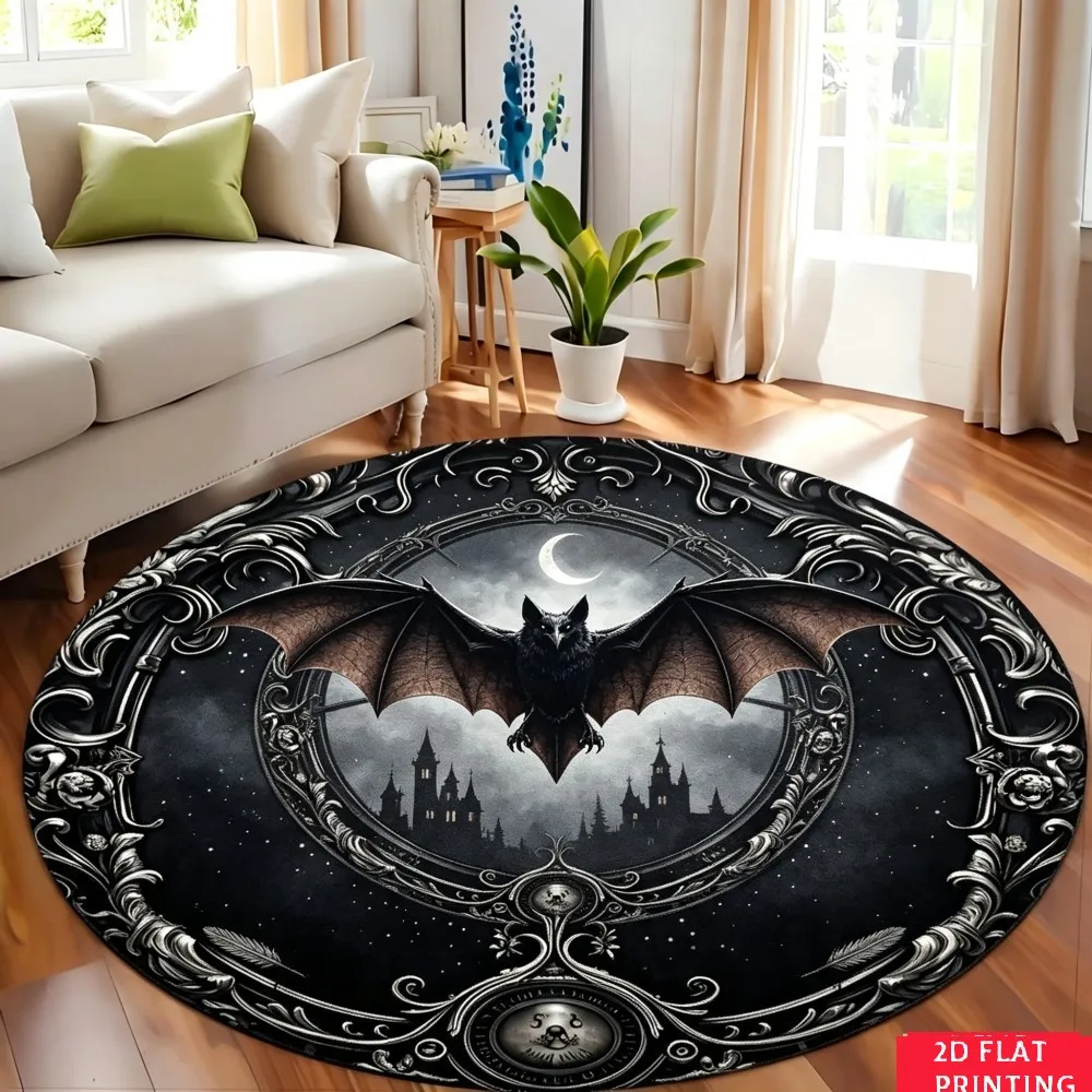 Gothic Bat And Castle Scene Round Printed Carpet Halloween Living Room Bedroom Home Decor Non Slip Floor Mat Area Rug