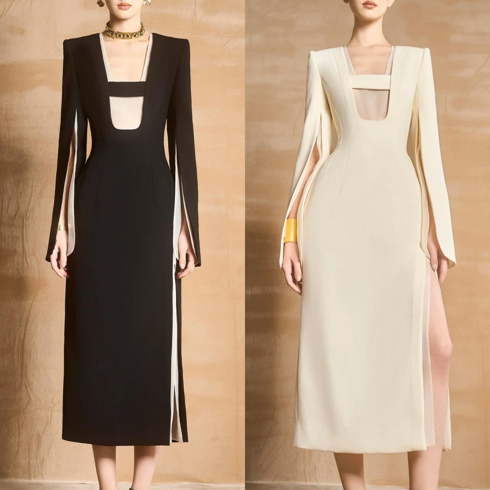 

Evening Sexy Casual Jersey Draped Pleat Cocktail Party A-line Square Collar Bespoke Occasion Gown Midi Dresses