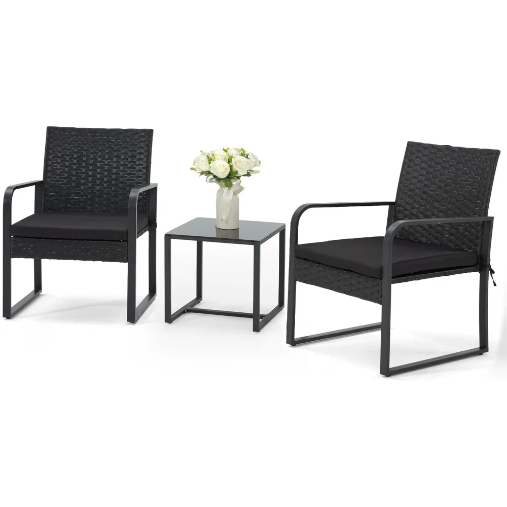 

3 Piece Outdoor Patio Furniture Set, Patio Bistro Set Wicker Conversation Set, Modern Rattan Chair with Glass Coffee Table for