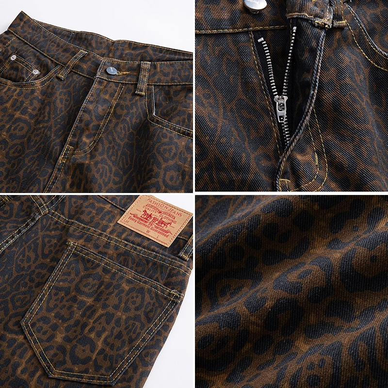 Retro American Leopard Print Waed Jeans Men's Trendy High Street Loose Straight Casual Street Couples Pants Summer Faion