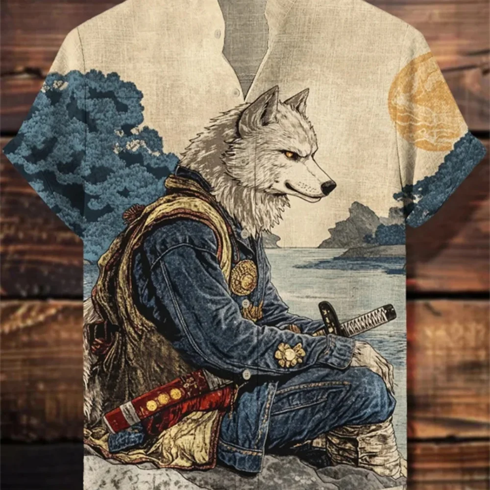 قميص رجالي عصري بياقة واقفة ونمط الحوت وأكمام قصيرة وأزرار قميص عالي الجودة ملابس خروج جديدة 2025