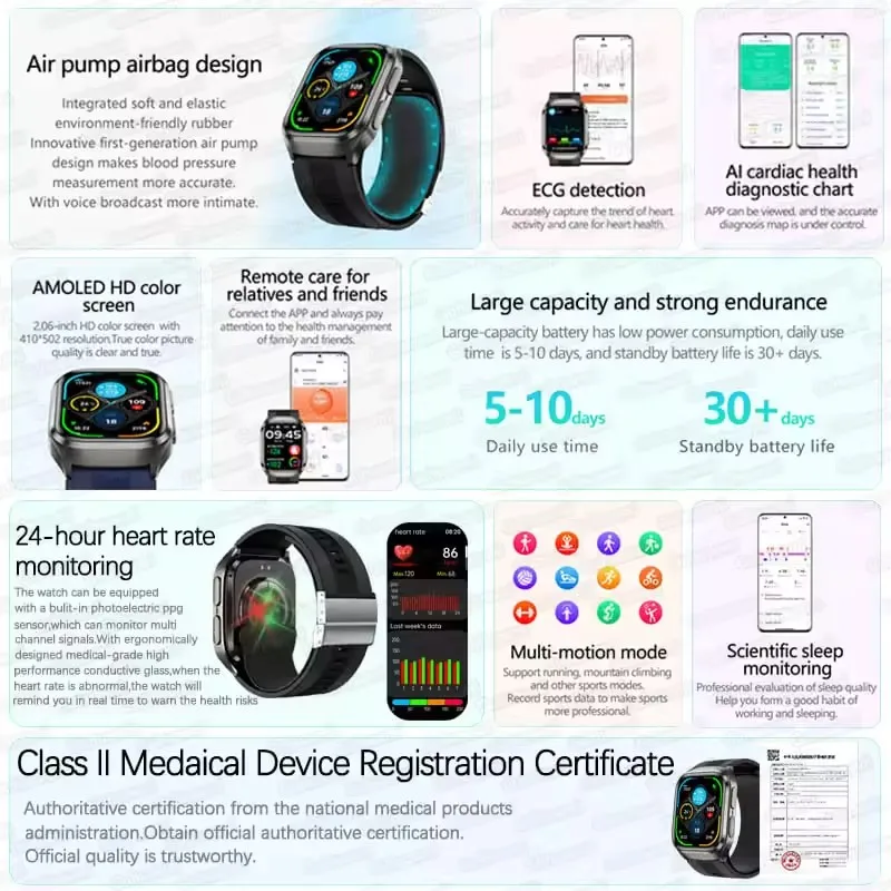 2026New Health Watch Blood Pressure Accurate Measure Smart Watches Men Uric Acid Blood Lipids waterproof Airbag Smartwatch Women