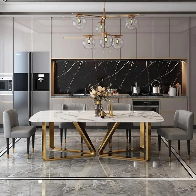 For Beauty Marble Dining Table Minimalist Golden Stainless Steel Design High-End Rectangle Table Restaurant Muebles Furniture