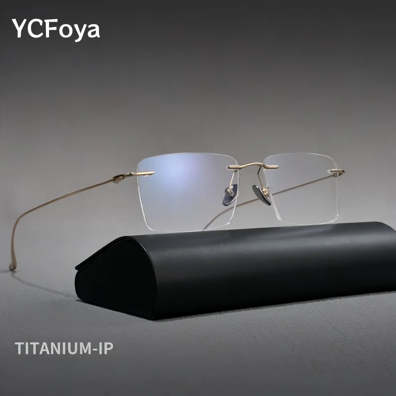 

YCFoya Luxury Pure Titanium Men's Rimless Glasses Retro Square Optical Prescription Simple Business Eyeglasses Frame RS88069