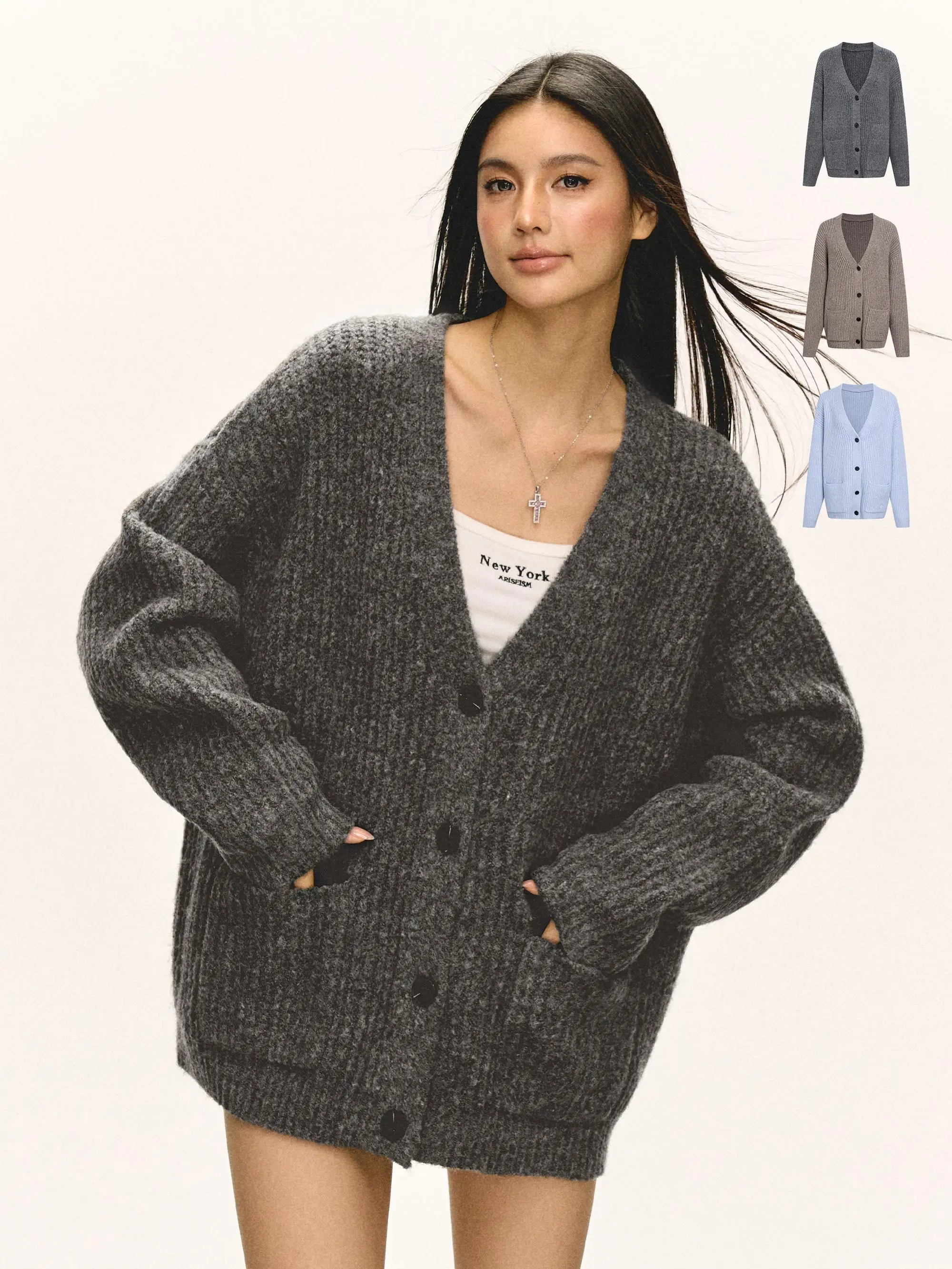 

Ariseism American Sle Vintage Loose Cardigan Sweater Women's Autumn New Top Street Sle Long Sve V-Ne Regular Thin