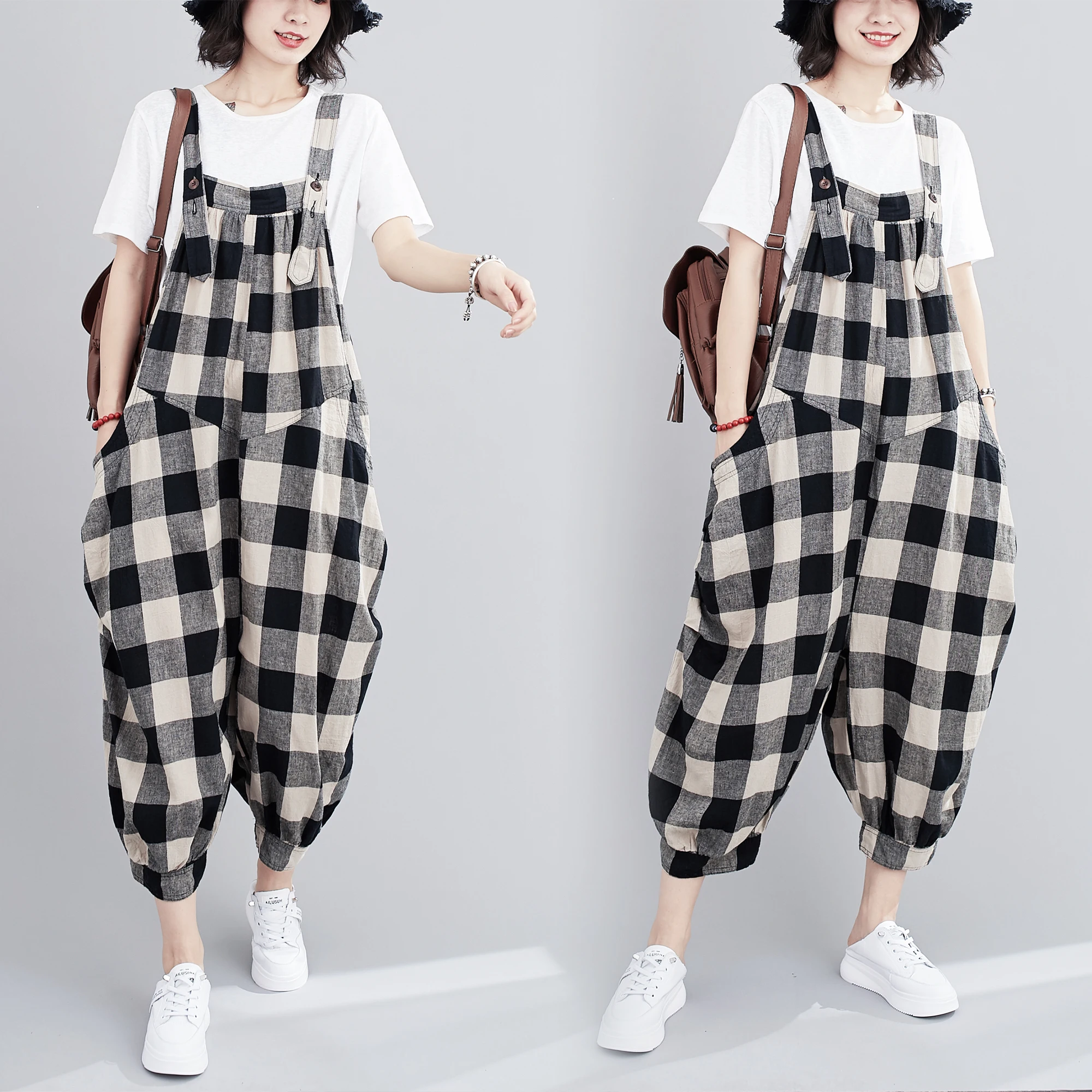 

Женские хлопковые и льняные комбинезоны больших размеров, лето 2025 г., свободные утягивающие клетчатые брюки на семи футов, художественные брюки для поездок на работу