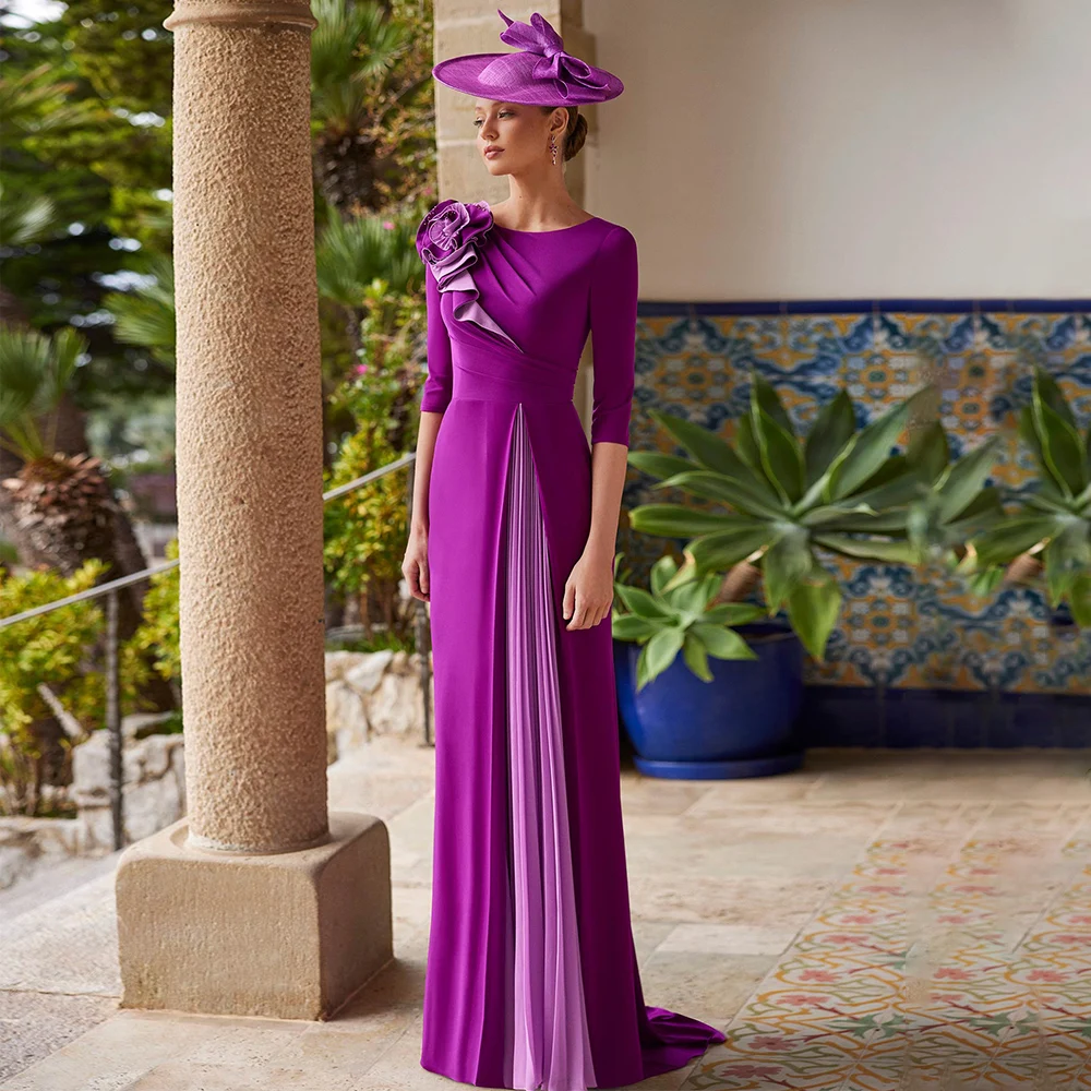 

Elegant Mother of the Bride Dress Long Scoop Column Fuchsia Wedding Guest Gowns for Women 3/4 Sleeves Ruffle Pleated Formal Gown