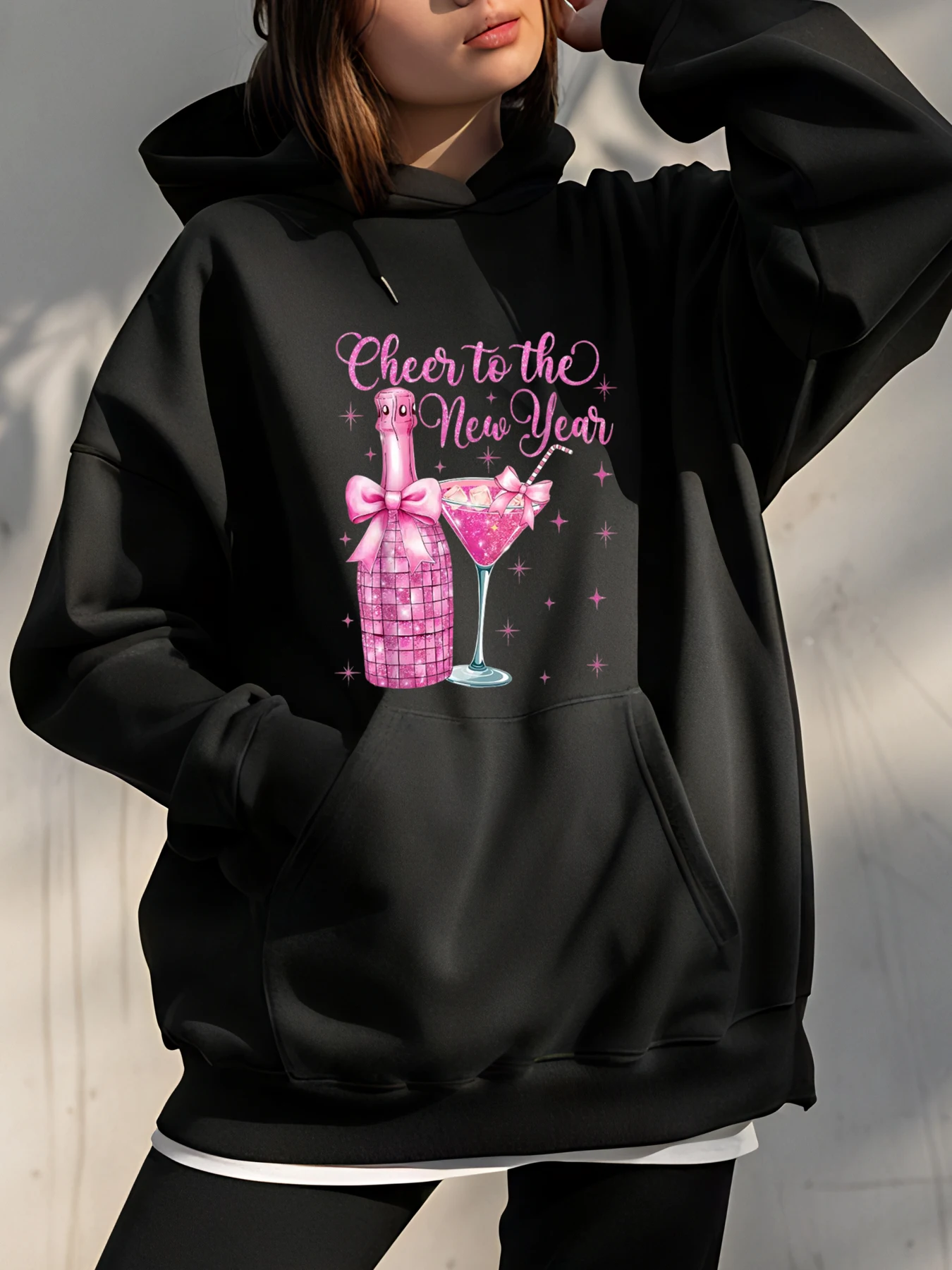 

Женская толстовка с капюшоном «Посередина нового года», розовая повседневная толстовка с коктейльным принтом цвета шампанского, модный подарок для вечеринки для женщин