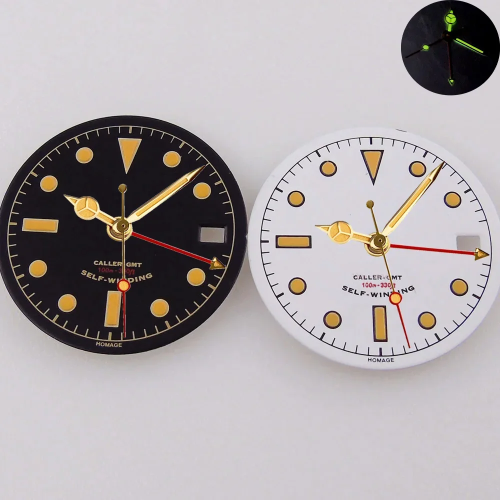 29mm Black White Watch Dial Face Yellow Gold Hand For NH34 GMT Automatic Movement Men Watches Accessories Part Tool kit ﻿